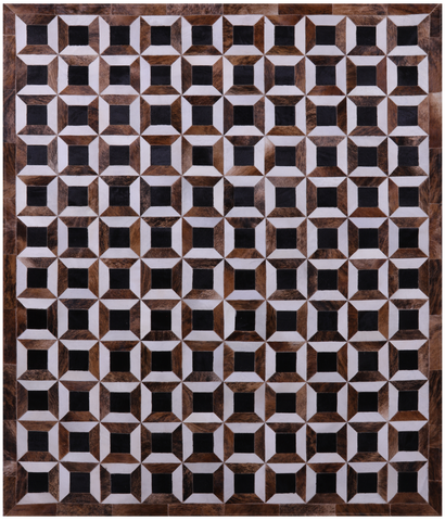 Brown & White Natural Black Cowhide Hand Stitched Patchwork Rug - 7' 0