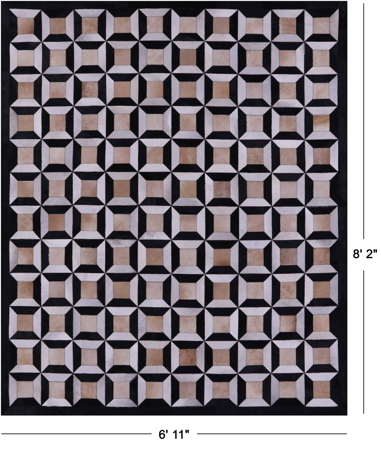 Black & White Natural Brown Cowhide Hand Stitched Patchwork Rug - 6' 11" X 8' 2" - Golden Nile