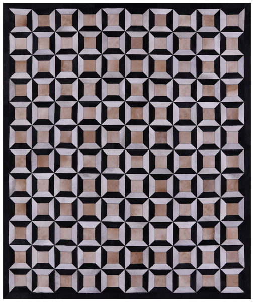 Black & White Natural Brown Cowhide Hand Stitched Patchwork Rug - 6' 11" X 8' 2" - Golden Nile