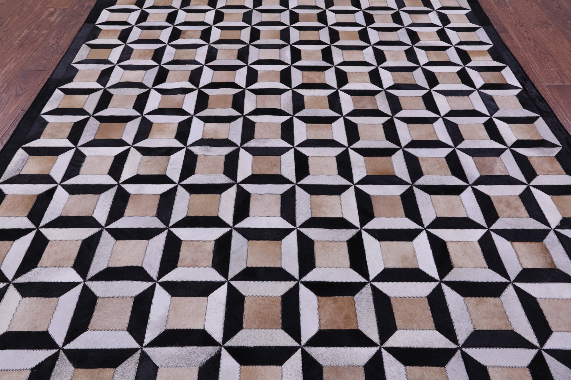Black & White Natural Brown Cowhide Hand Stitched Patchwork Rug - 6' 11" X 8' 2" - Golden Nile