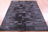 Black Brickwork Natural Cowhide Hand Stitched Patchwork Rug - 5' 3" X 6' 6" - Golden Nile