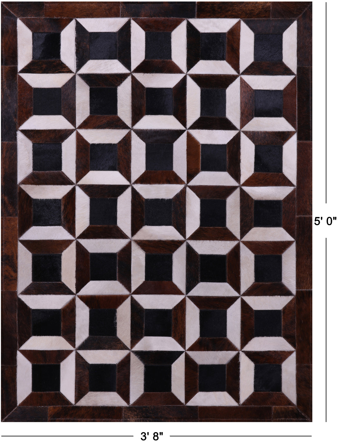 Brown & White Natural Black Cowhide Hand Stitched Patchwork Rug - 3' 8" X 5' 0" - Golden Nile