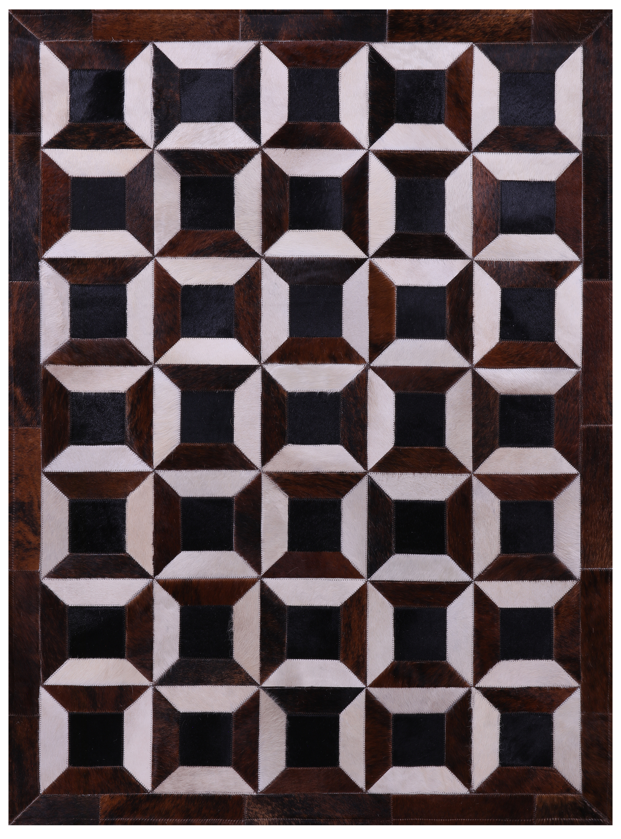 Brown & White Natural Black Cowhide Hand Stitched Patchwork Rug - 3' 8" X 5' 0" - Golden Nile