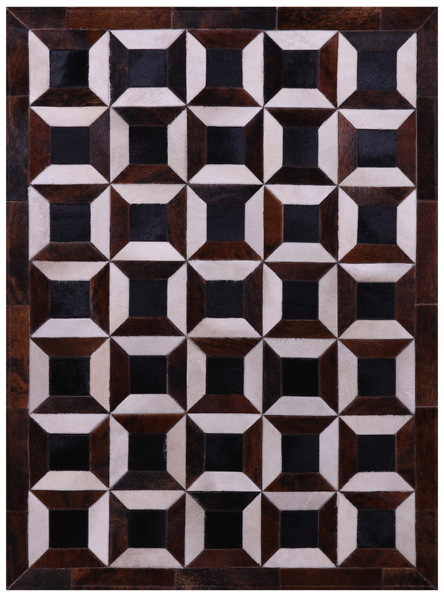 Brown & White Natural Black Cowhide Hand Stitched Patchwork Rug - 3' 8" X 5' 0"