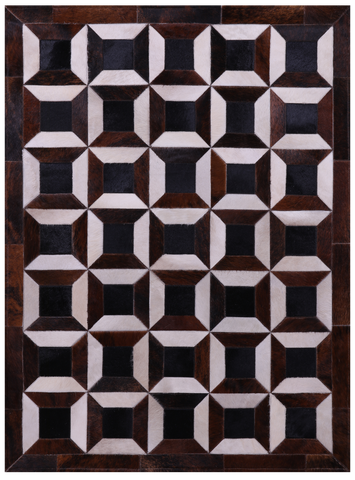 Brown & White Natural Black Cowhide Hand Stitched Patchwork Rug - 3' 8