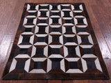 Brown & White Natural Black Cowhide Hand Stitched Patchwork Rug - 3' 8" X 5' 0"