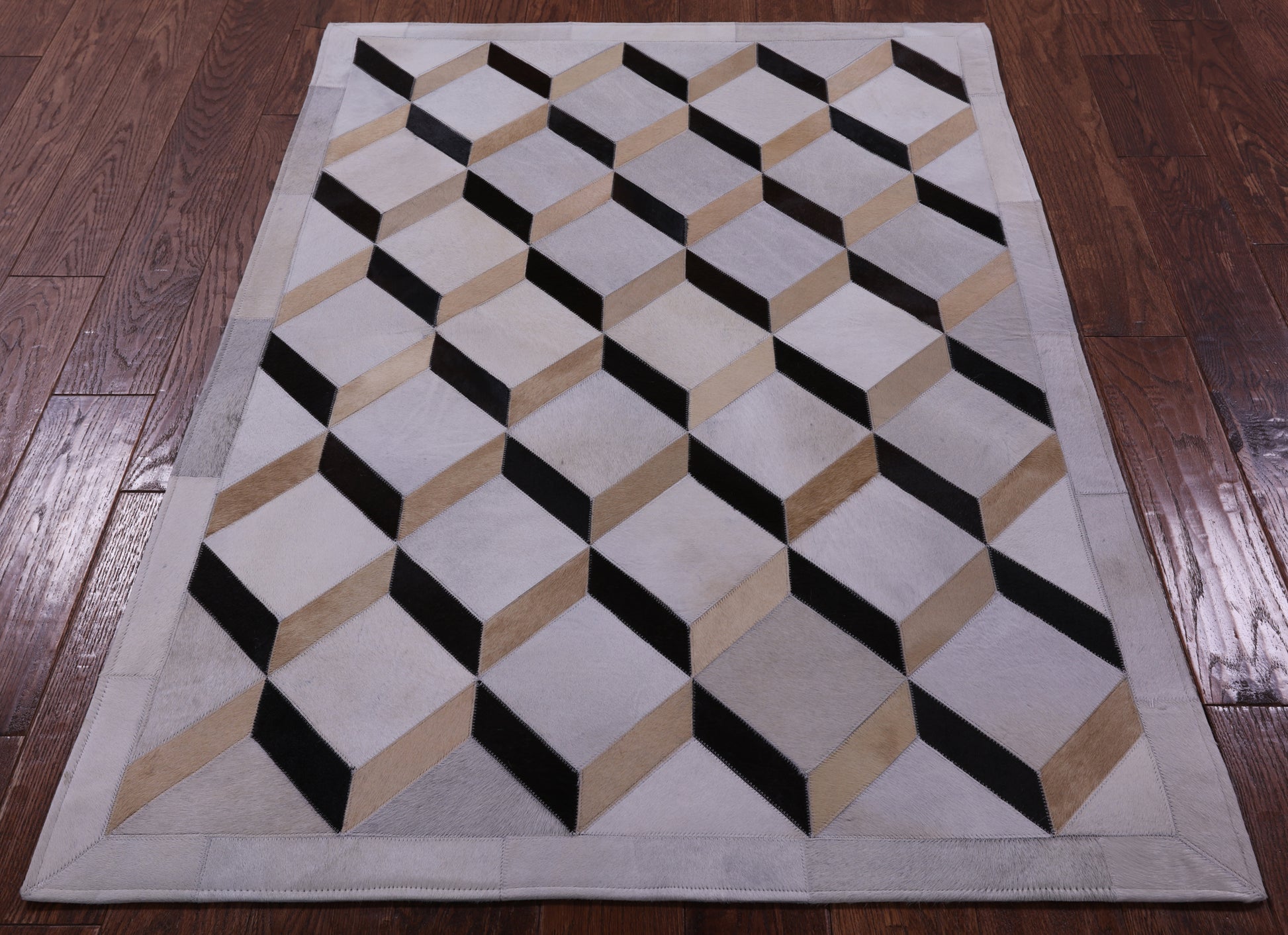 Brown & White Natural Cowhide Hand Stitched Patchwork Rug - 3' 7" X 4' 11" - Golden Nile