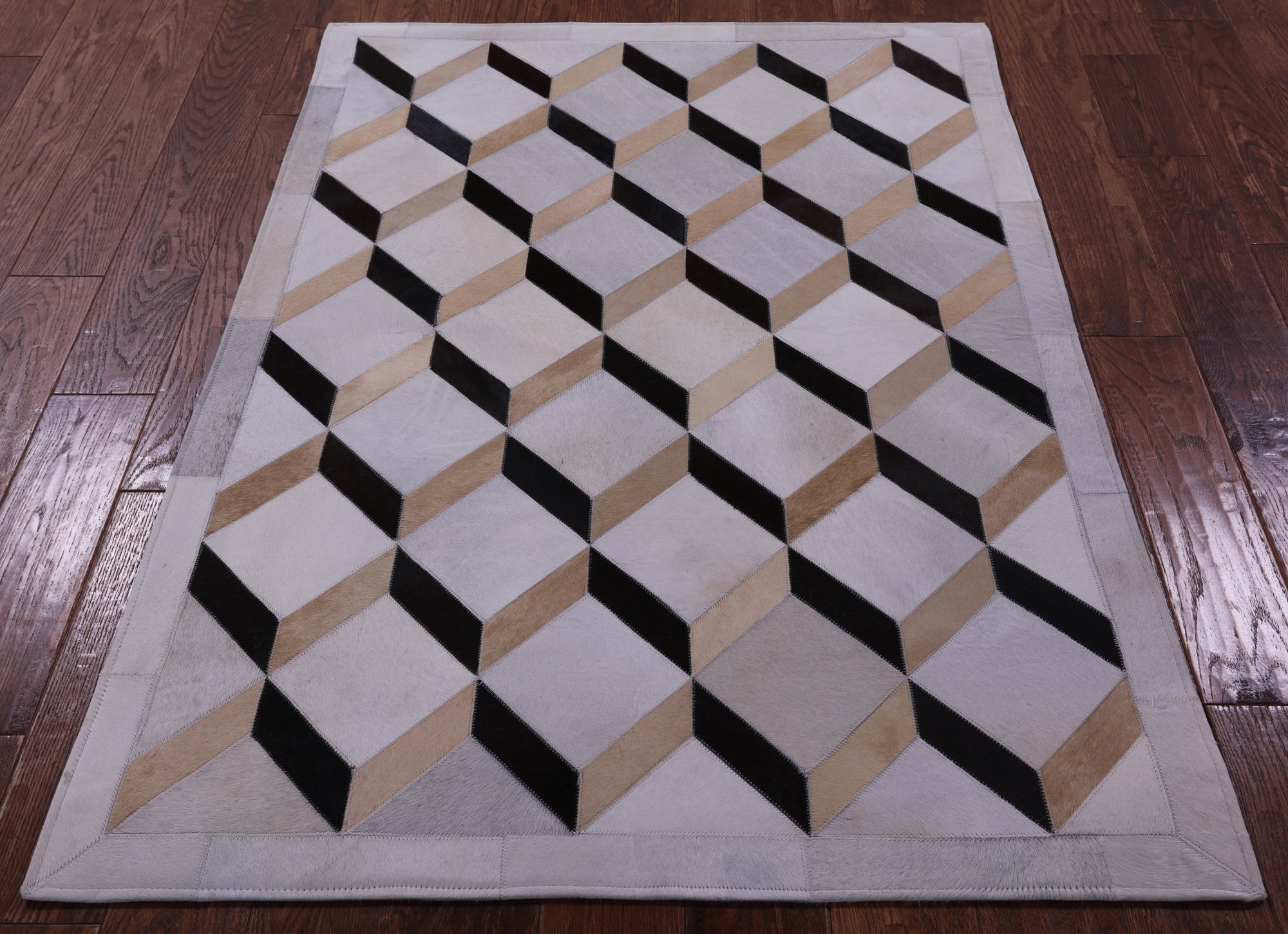 Brown & White Natural Cowhide Hand Stitched Patchwork Rug - 3' 7" X 4' 11" - Golden Nile