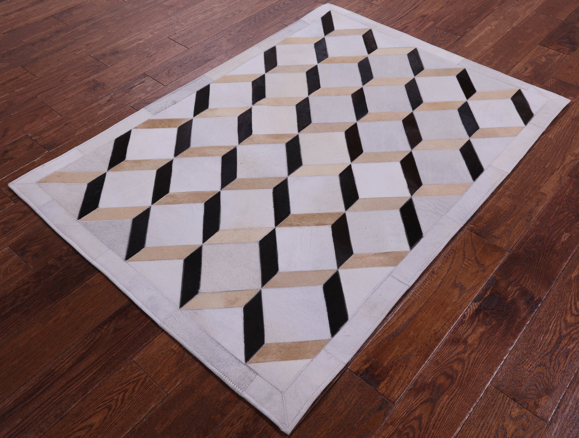 Brown & White Natural Cowhide Hand Stitched Patchwork Rug - 3' 7" X 4' 11" - Golden Nile