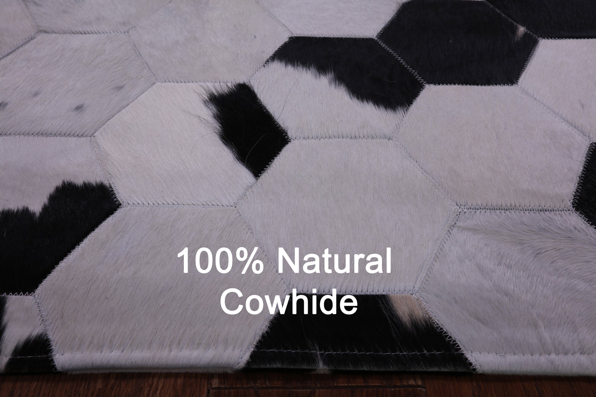 Black & White Natural Cowhide Hand Stitched Patchwork Rug - 5' 0" X 6' 8" - Golden Nile
