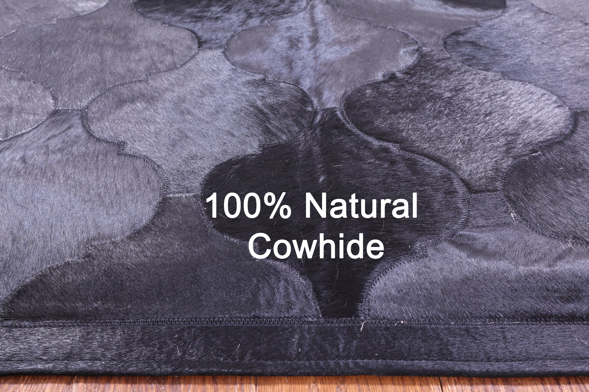Lantern Tile Black Natural Cowhide Hand Stitched Patchwork Rug - 4' 10" X 6' 6" - Golden Nile