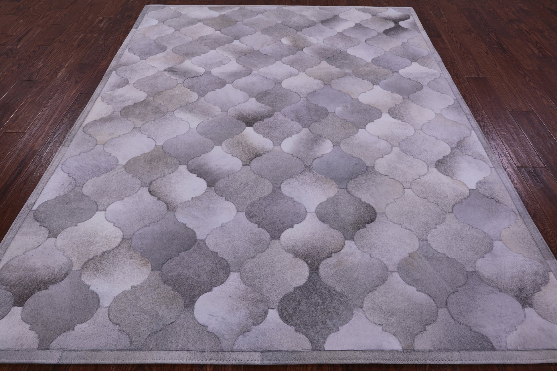 Lantern Tile Grey Natural Cowhide Hand Stitched Patchwork Rug - 6' 7" X 8' 3" - Golden Nile