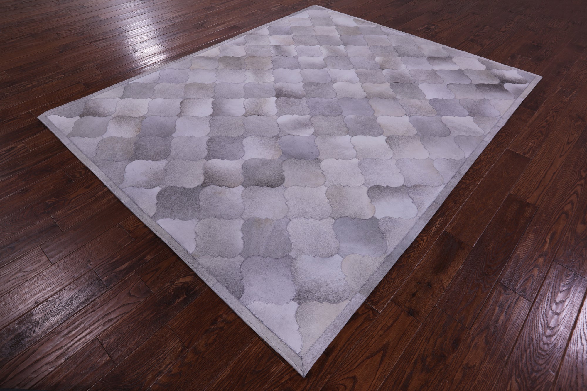 Lantern Tile Grey Natural Cowhide Hand Stitched Patchwork Rug - 6' 7" X 8' 3" - Golden Nile
