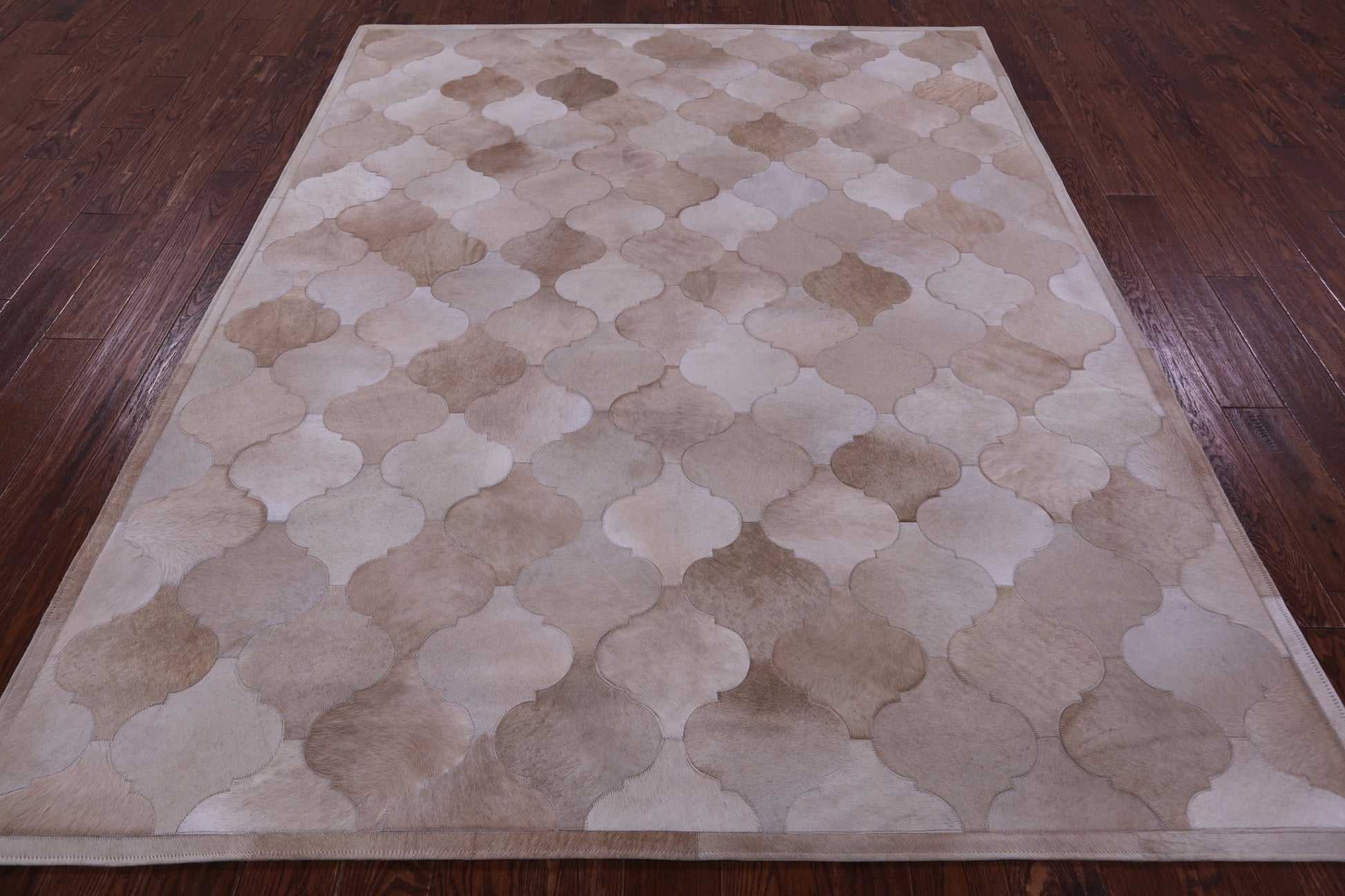 Lantern Tile Taupe Natural Cowhide Hand Stitched Patchwork Rug - 6' 8" X 8' 3" - Golden Nile
