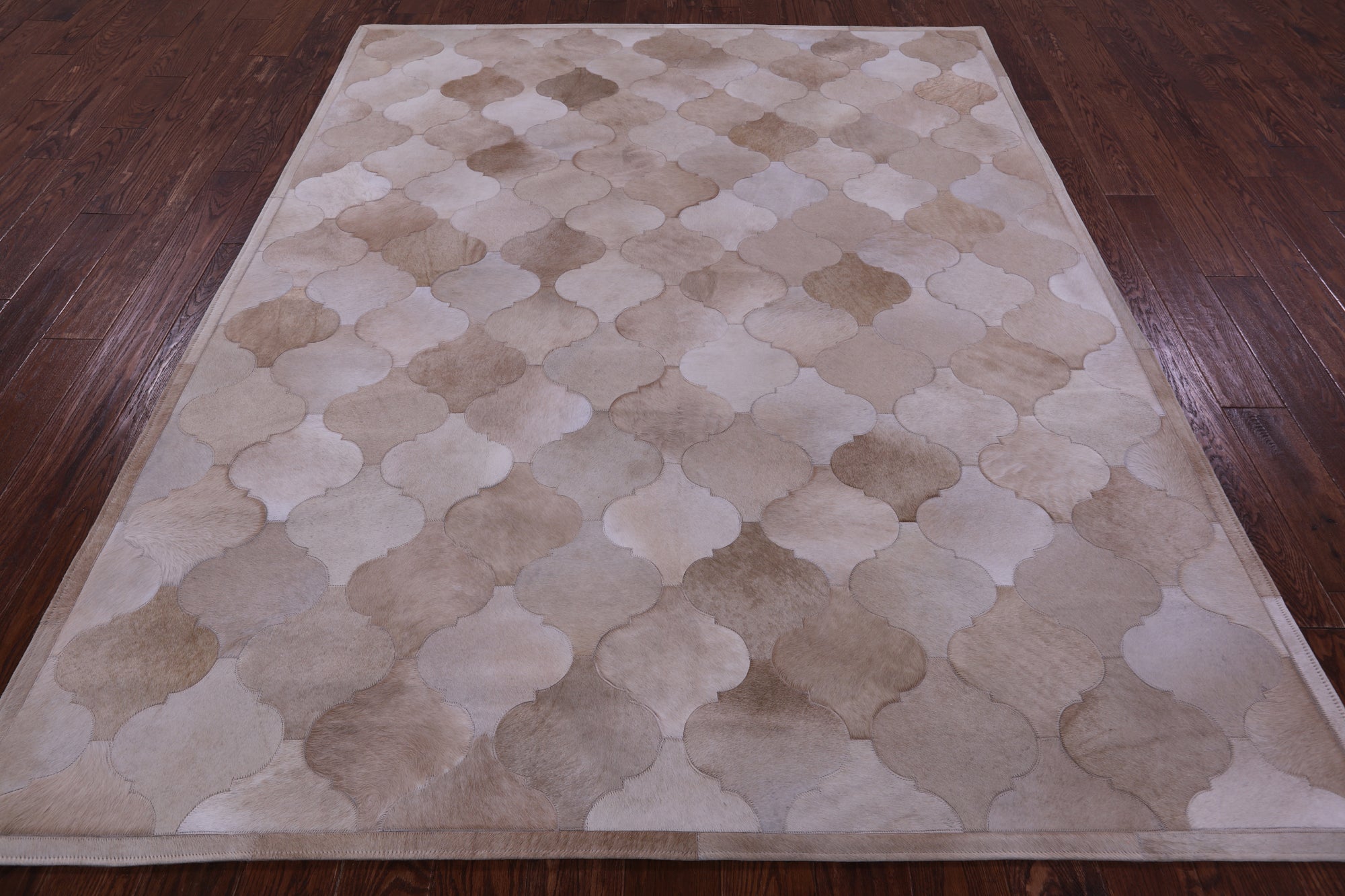 Lantern Tile Taupe Natural Cowhide Hand Stitched Patchwork Rug - 6' 8" X 8' 3" - Golden Nile