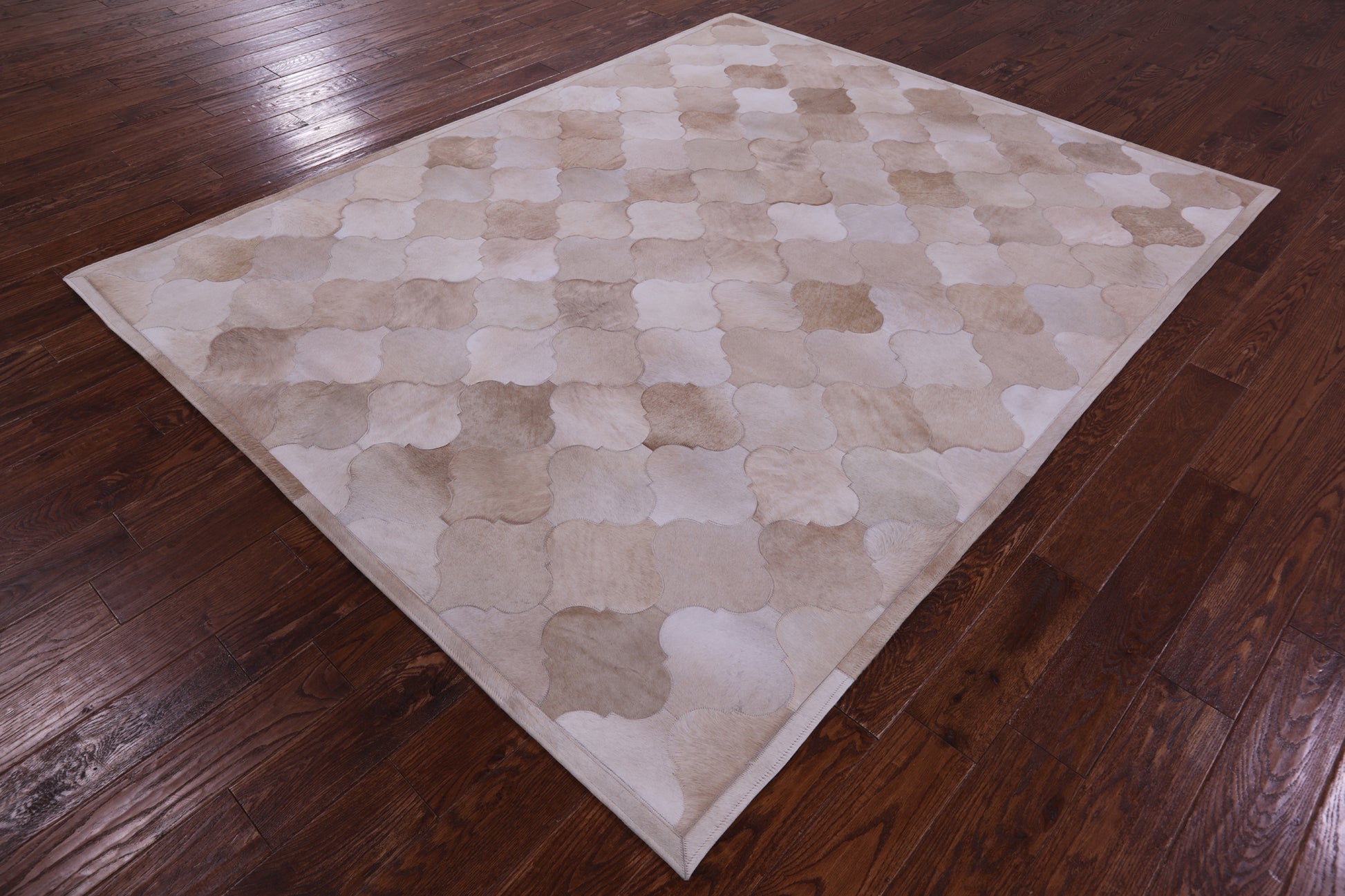 Lantern Tile Taupe Natural Cowhide Hand Stitched Patchwork Rug - 6' 8" X 8' 3" - Golden Nile
