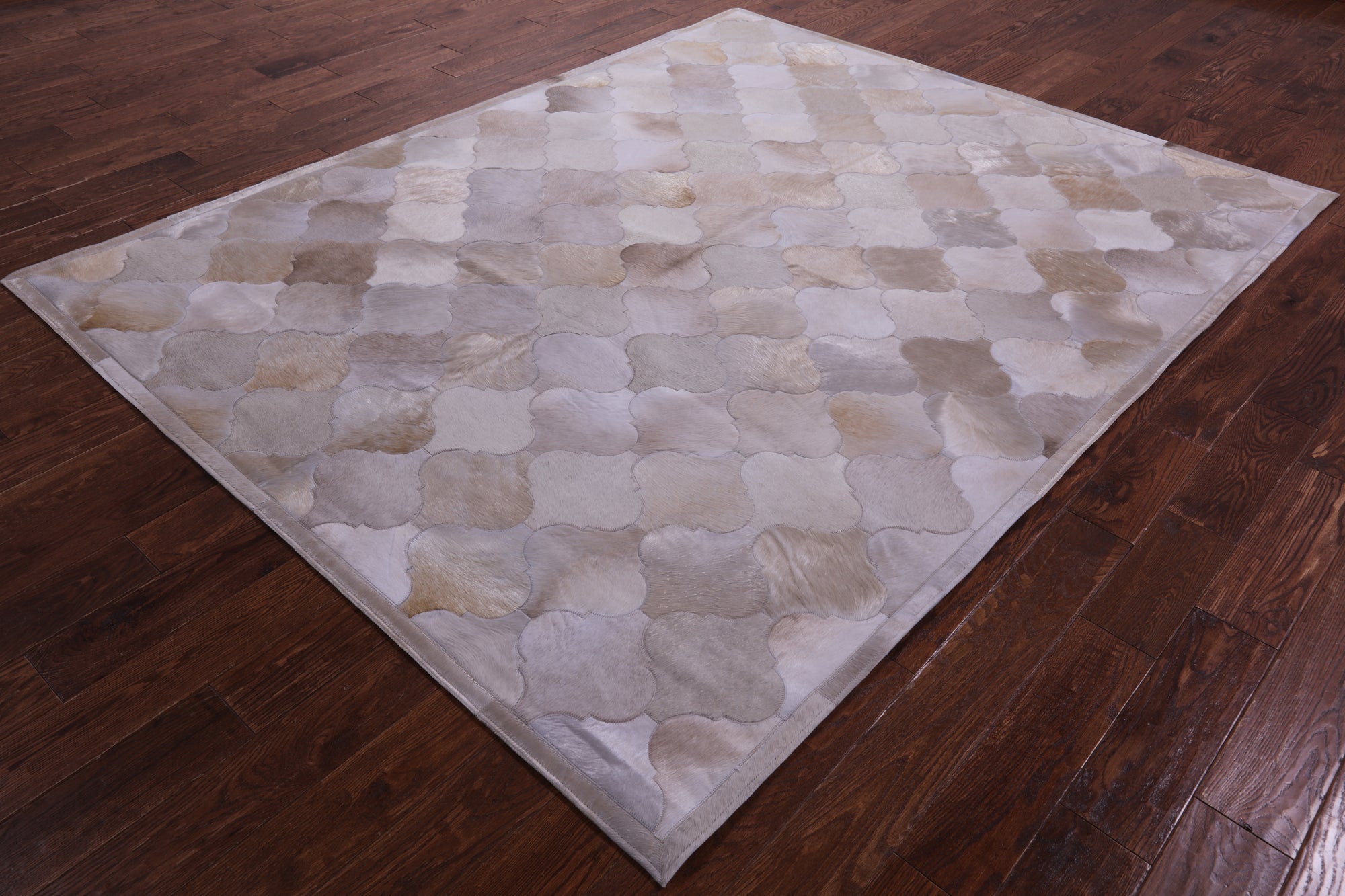 Lantern Tile Taupe Natural Cowhide Hand Stitched Patchwork Rug - 6' 8" X 8' 4" - Golden Nile