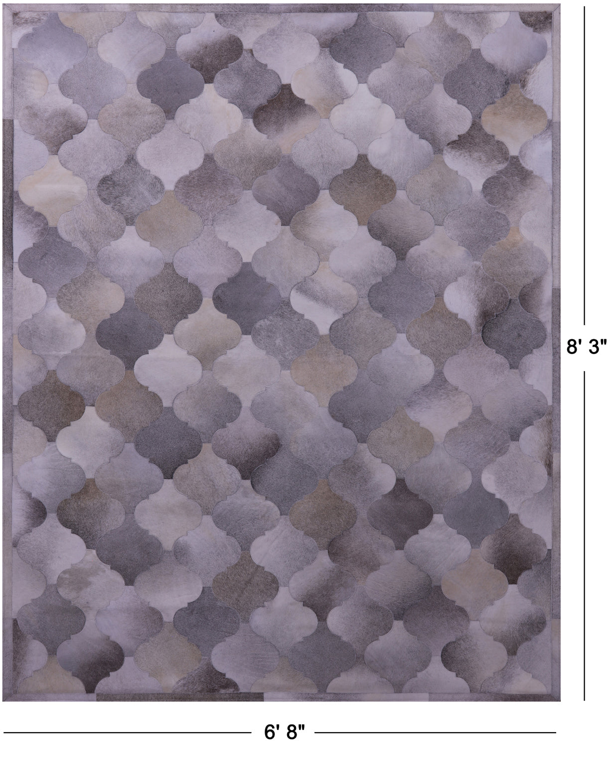 Lantern Tile Grey Natural Cowhide Hand Stitched Patchwork Rug - 6' 8" X 8' 3" - Golden Nile