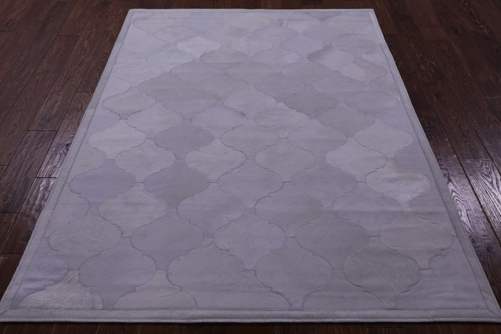 Lantern Tile White Natural Cowhide Hand Stitched Patchwork Rug - 4' 10" X 6' 7" - Golden Nile
