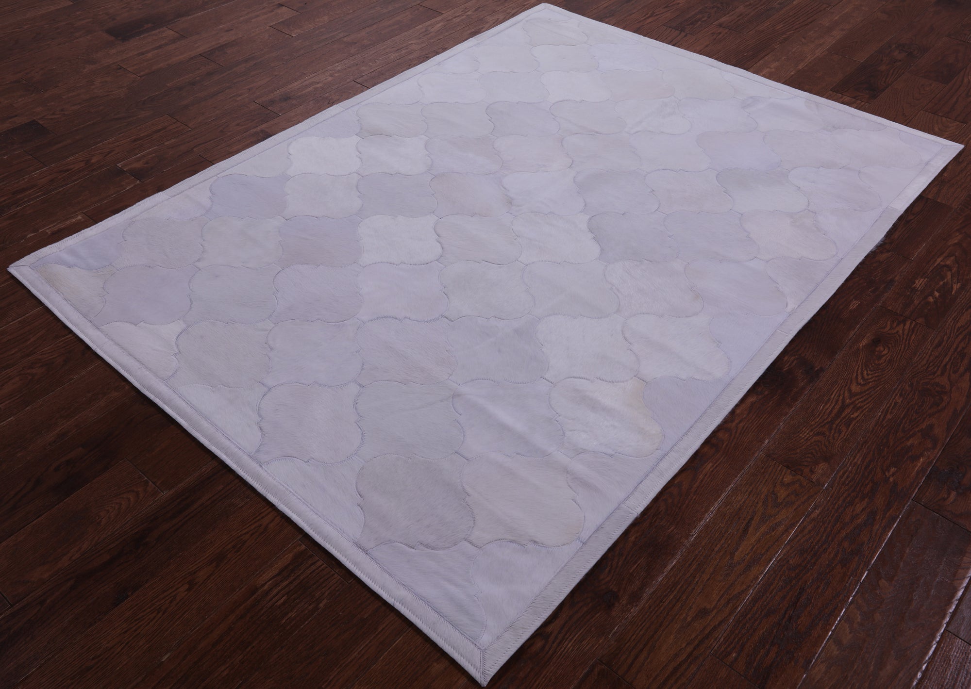 Lantern Tile White Natural Cowhide Hand Stitched Patchwork Rug - 4' 10" X 6' 7" - Golden Nile