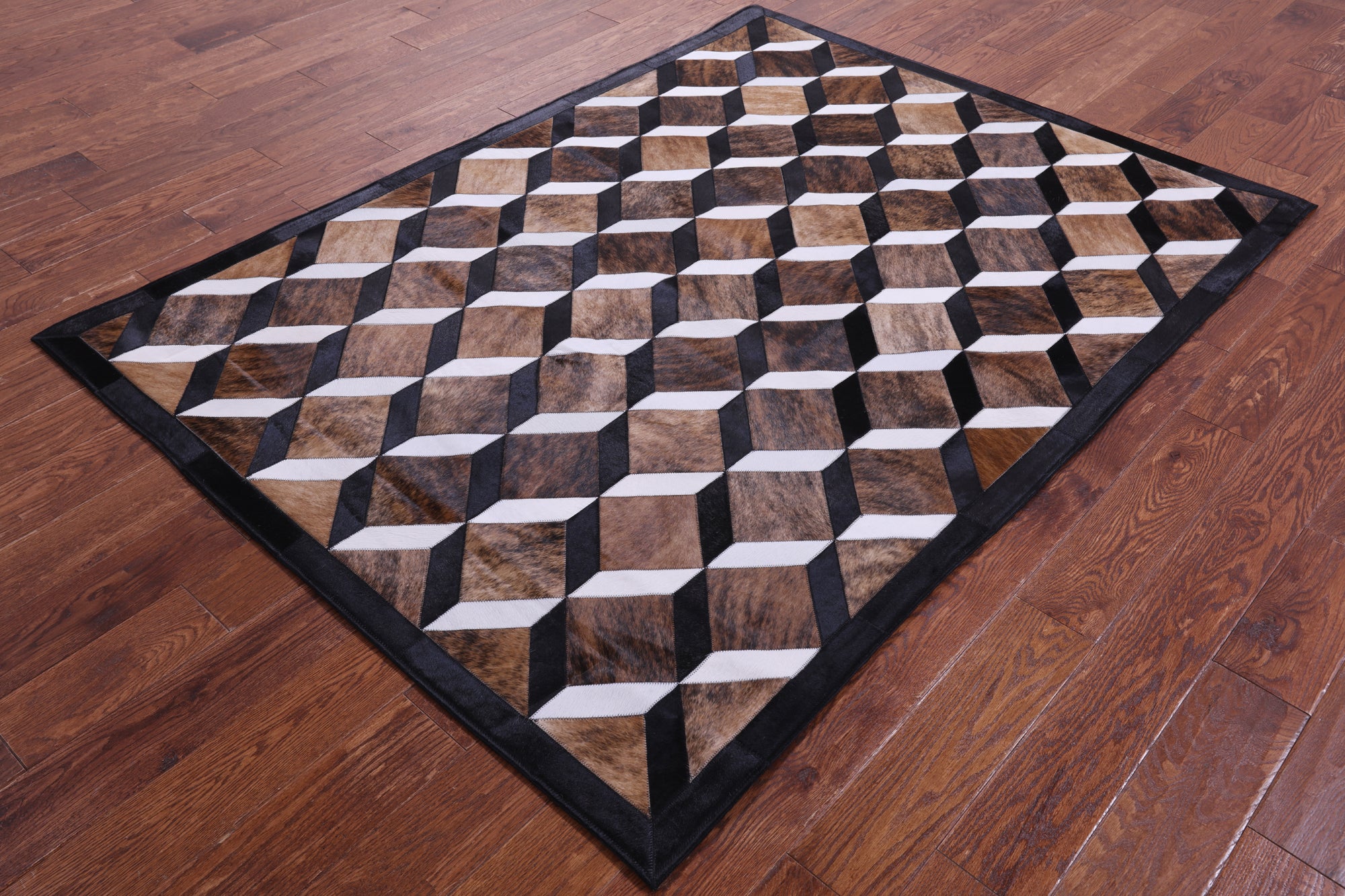 Brown Brindle Black & White Natural Cowhide Hand Stitched Patchwork Rug - 5' 0" X 6' 7" - Golden Nile