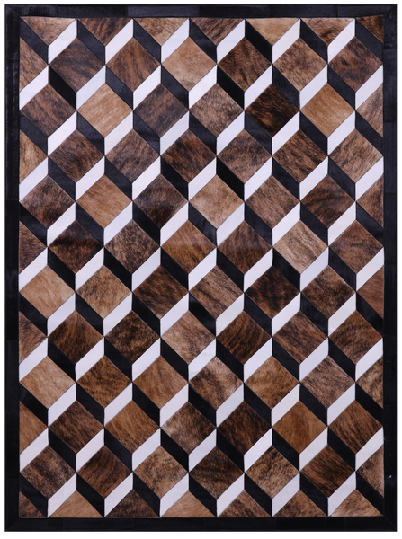 Brown Brindle Black & White Natural Cowhide Hand Stitched Patchwork Rug - 5' 0" X 6' 7" - Golden Nile