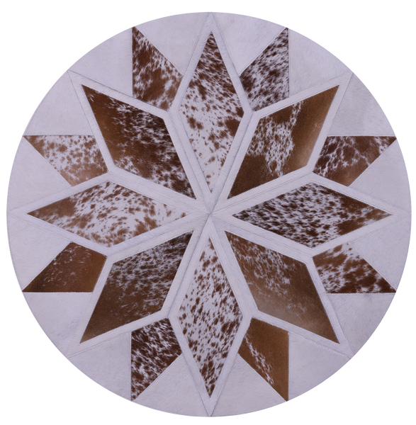 Brown & White Round Star Salt & Pepper Natural Cowhide Hand Stitched Patchwork Rug - 3' 3" X 3' 3" - Golden Nile
