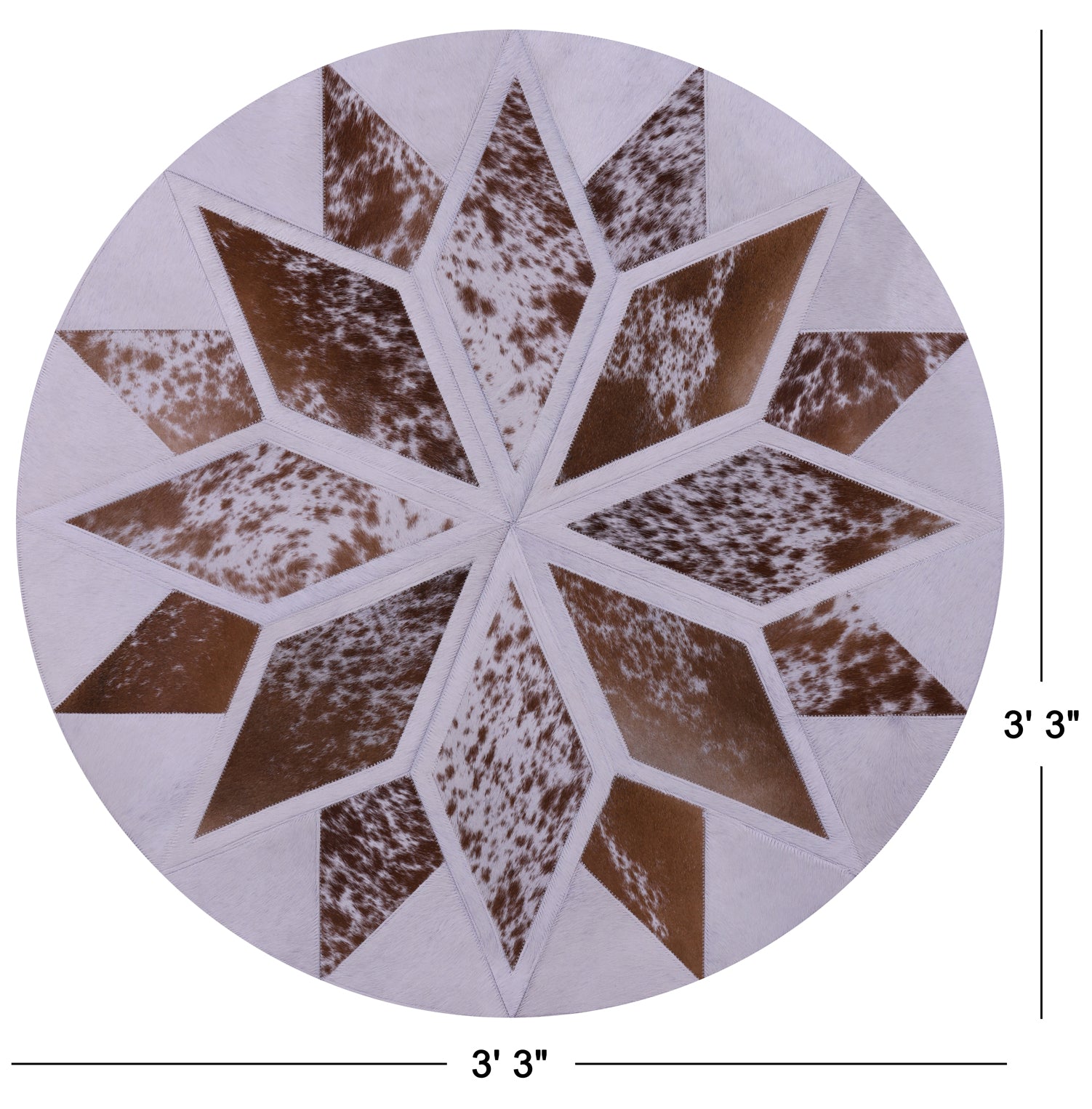 Brown & White Round Star Salt & Pepper Natural Cowhide Hand Stitched Patchwork Rug - 3' 3" X 3' 3" - Golden Nile