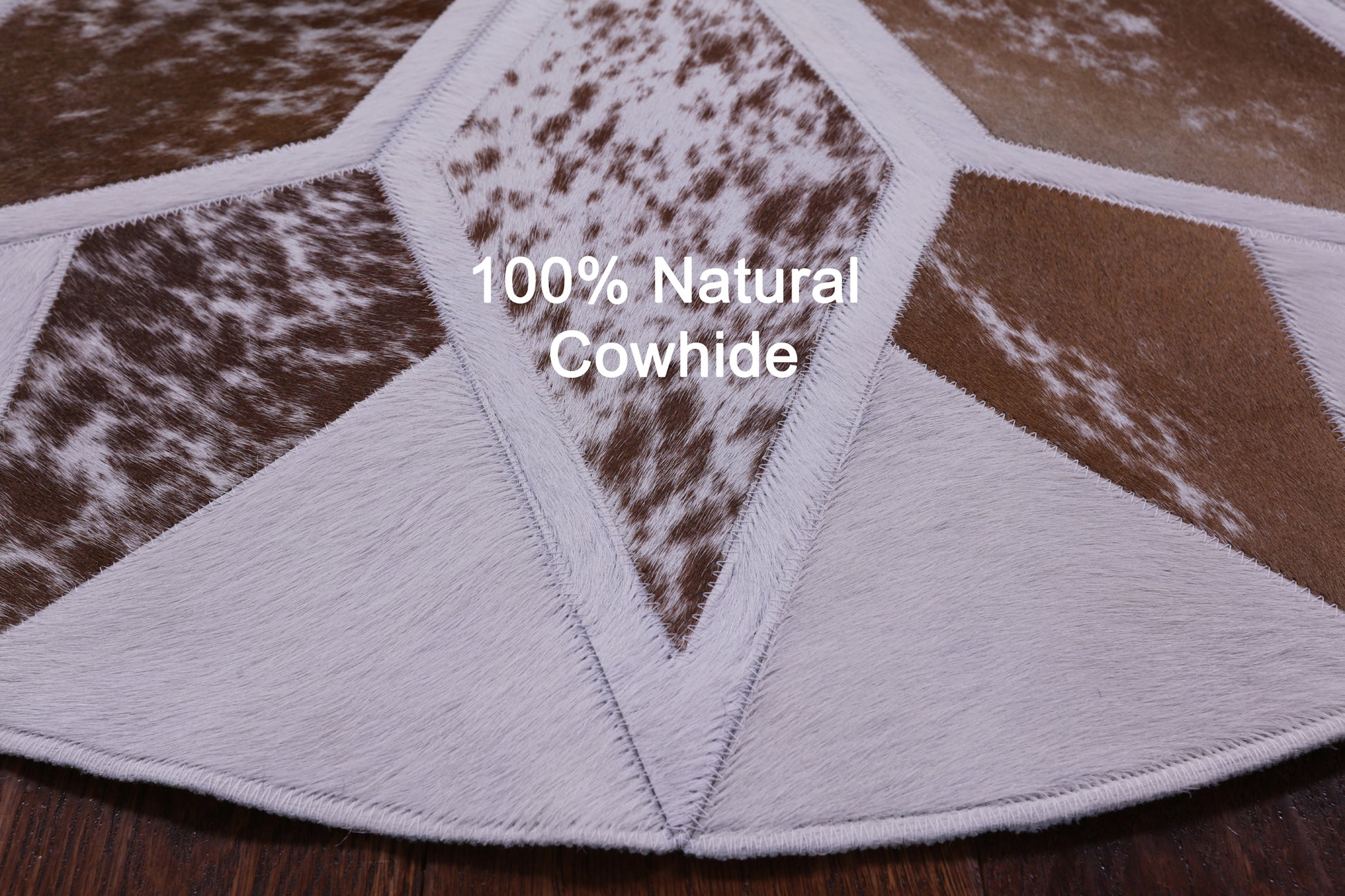 Brown & White Round Star Salt & Pepper Natural Cowhide Hand Stitched Patchwork Rug - 3' 3" X 3' 3" - Golden Nile