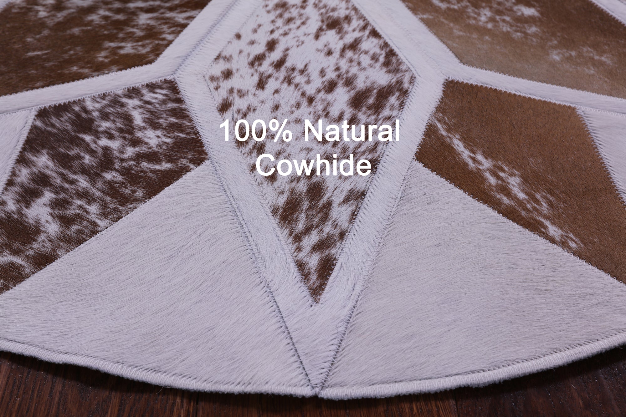 Brown & White Round Star Salt & Pepper Natural Cowhide Hand Stitched Patchwork Rug - 3' 3" X 3' 3" - Golden Nile