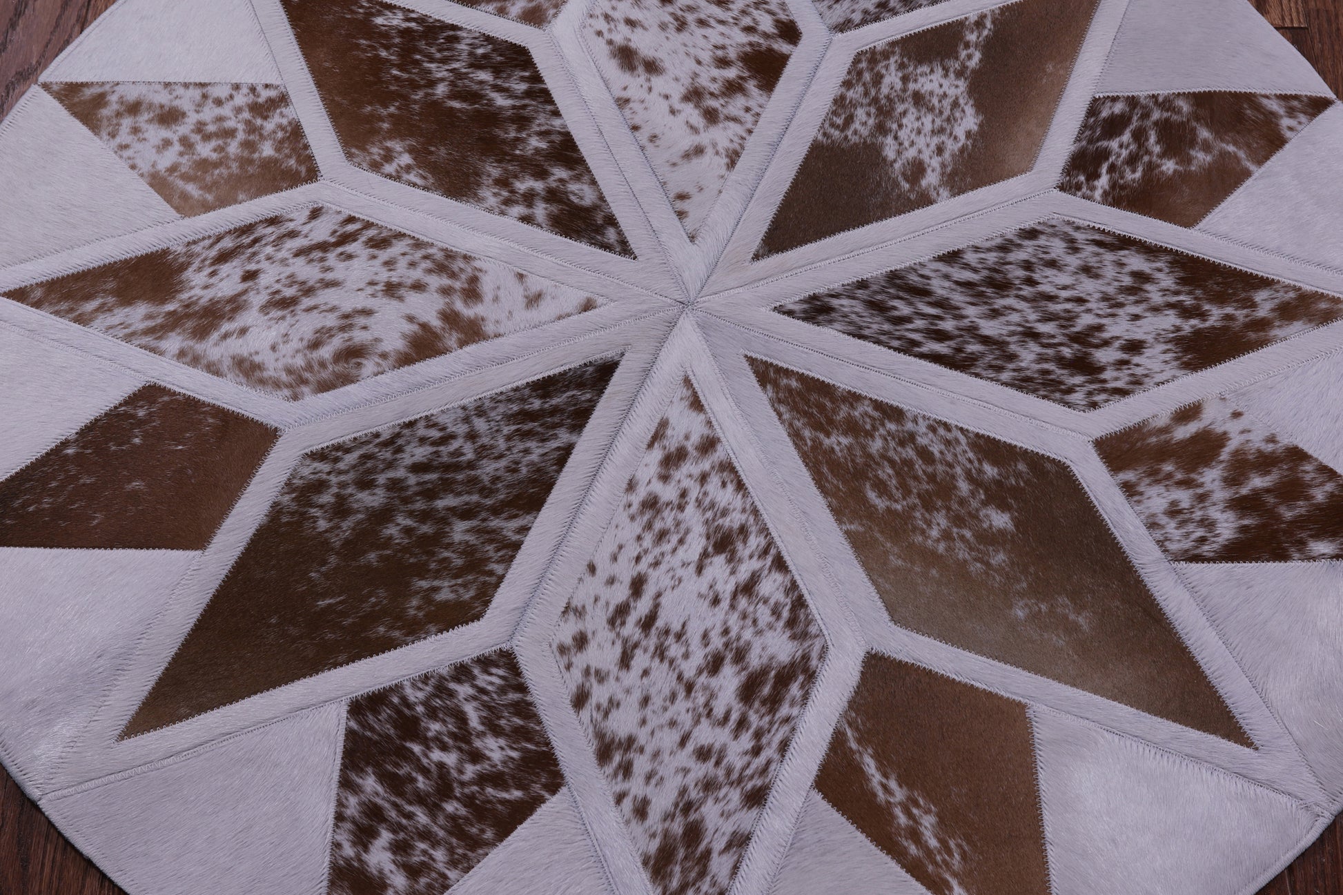Brown & White Round Star Salt & Pepper Natural Cowhide Hand Stitched Patchwork Rug - 3' 3" X 3' 3" - Golden Nile