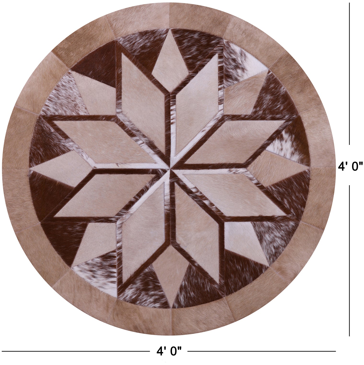 Brown Round Star Natural Cowhide Hand Stitched Patchwork Rug - 4' 0" X 4' 0" - Golden Nile