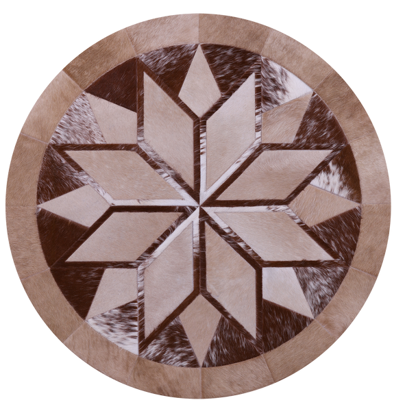Brown Round Star Natural Cowhide Hand Stitched Patchwork Rug - 4' 0" X 4' 0" - Golden Nile