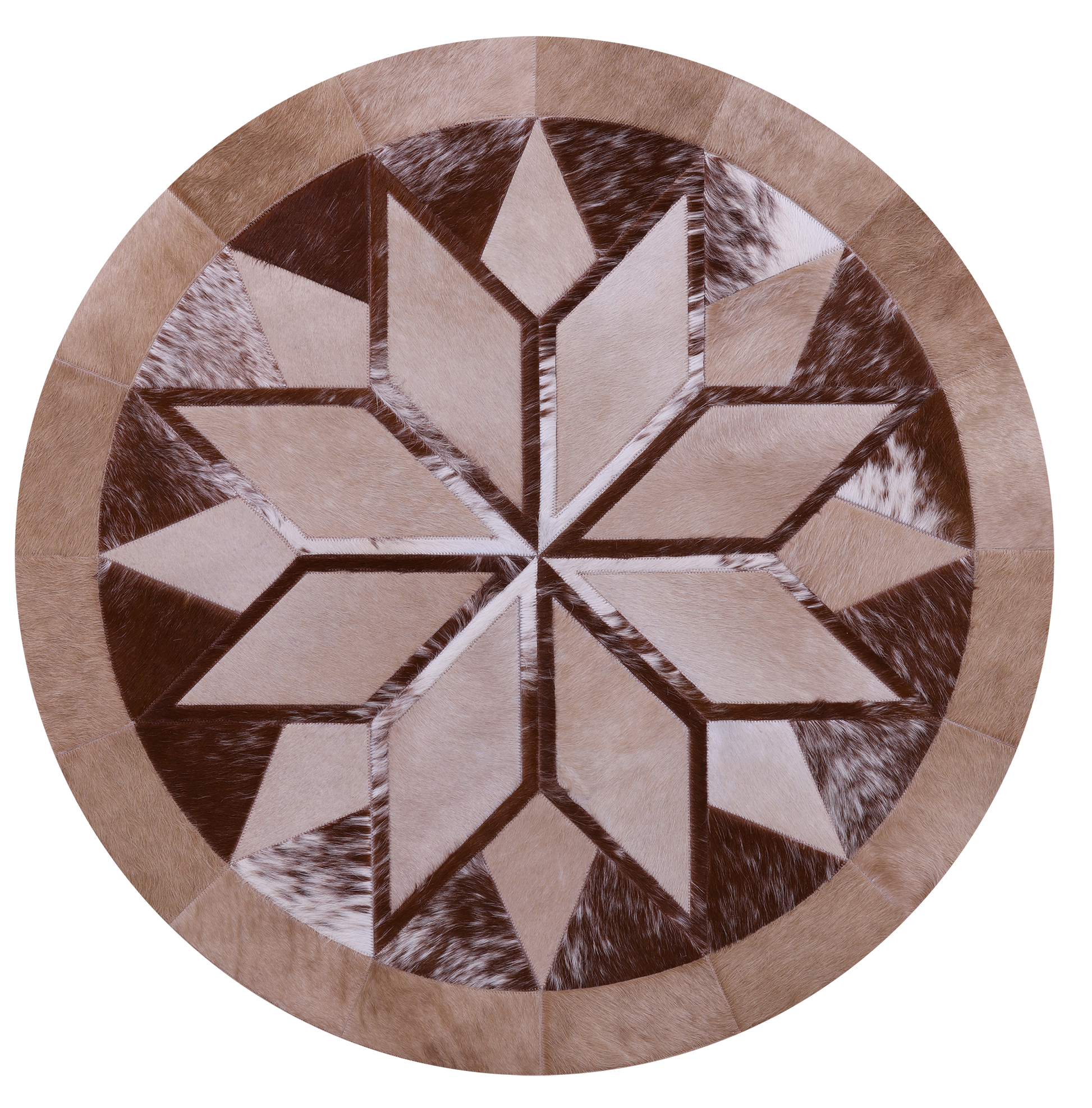 Brown Round Star Natural Cowhide Hand Stitched Patchwork Rug - 4' 0" X 4' 0" - Golden Nile