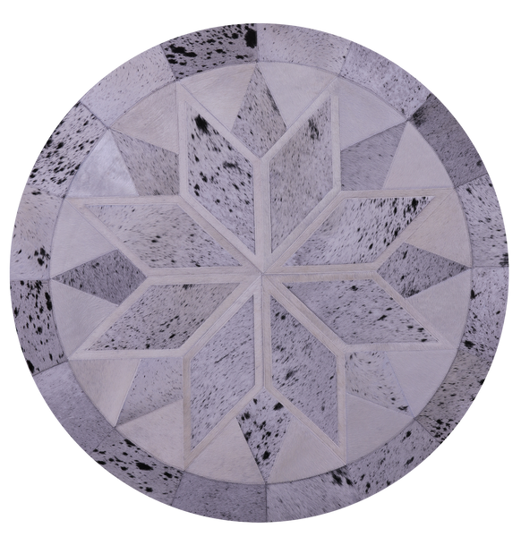 Black Salt & Pepper Round Star Natural Cowhide Hand Stitched Patchwork Rug - 4' 0" X 4' 0" - Golden Nile
