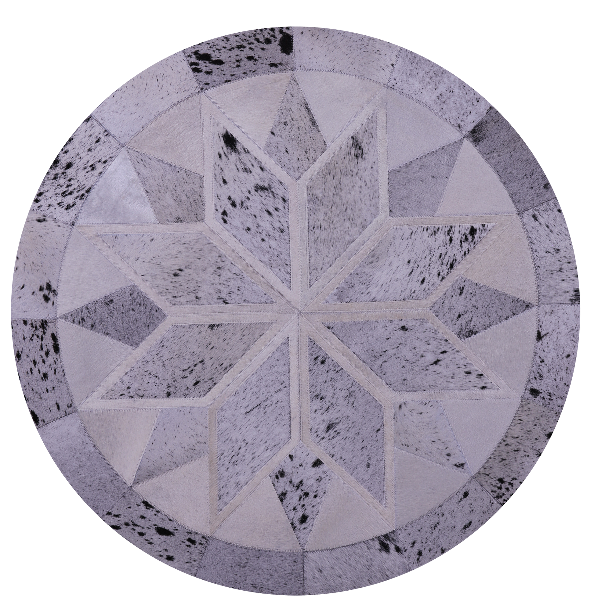 Black Salt & Pepper Round Star Natural Cowhide Hand Stitched Patchwork Rug - 4' 0" X 4' 0" - Golden Nile