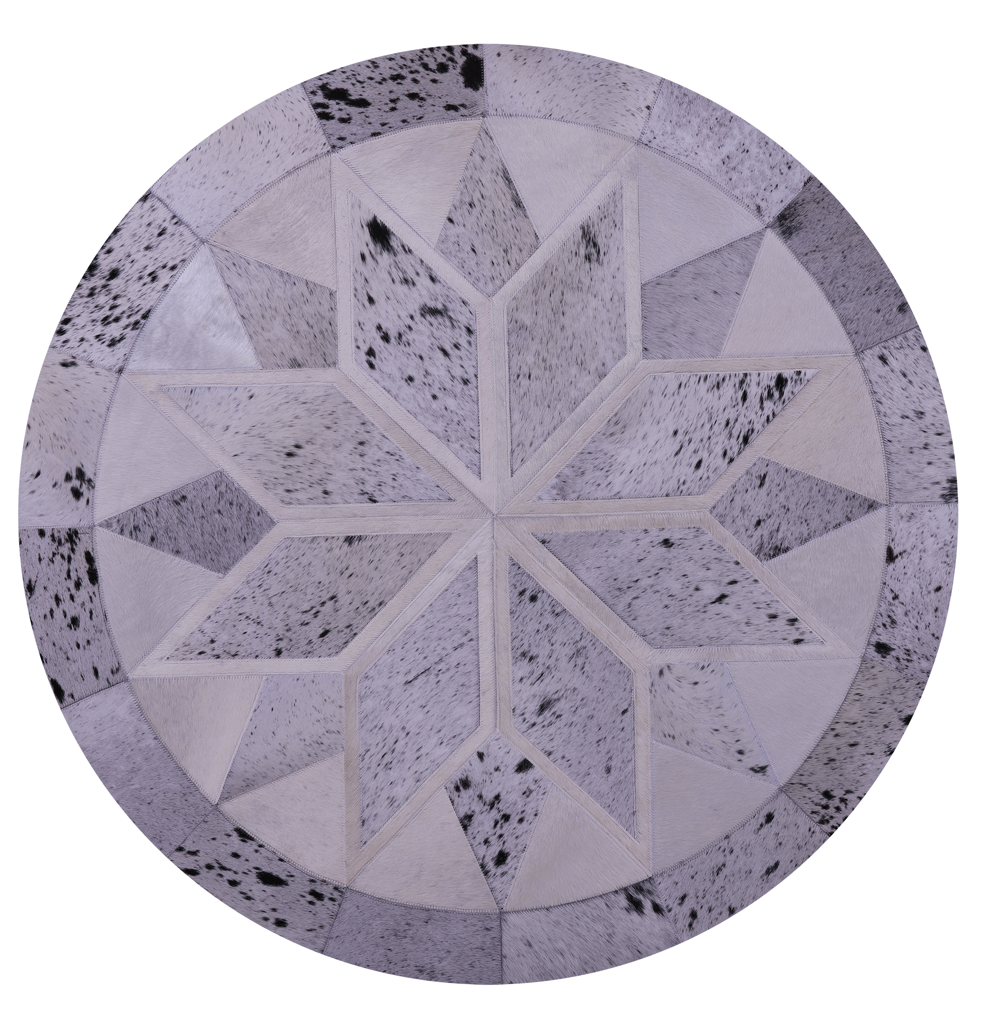Black Salt & Pepper Round Star Natural Cowhide Hand Stitched Patchwork Rug - 4' 0" X 4' 0" - Golden Nile
