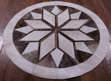 Brown & White Round Star Natural Cowhide Hand Stitched Patchwork Rug - 4' 0" X 4' 0" - Golden Nile