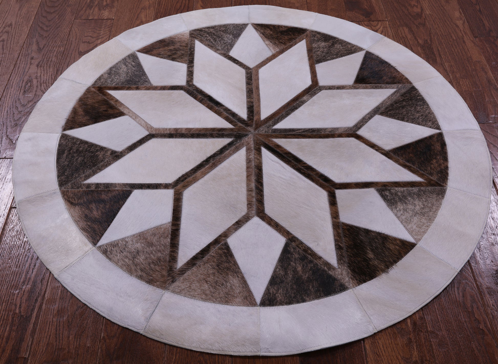 Brown & White Round Star Natural Cowhide Hand Stitched Patchwork Rug - 4' 0" X 4' 0" - Golden Nile