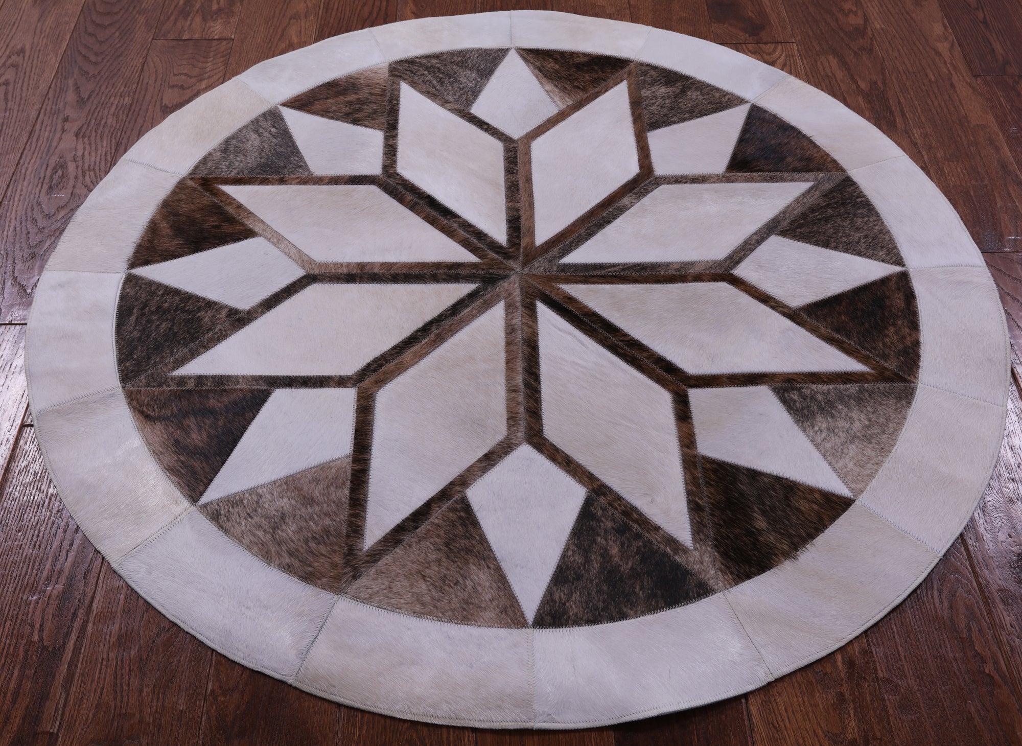 Brown & White Round Star Natural Cowhide Hand Stitched Patchwork Rug - 4' 0" X 4' 0" - Golden Nile