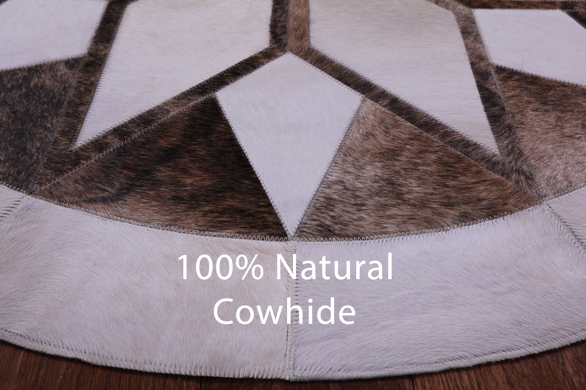 Brown & White Round Star Natural Cowhide Hand Stitched Patchwork Rug - 4' 0" X 4' 0" - Golden Nile