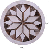 Brown & White Round Star Natural Cowhide Hand Stitched Patchwork Rug - 4' 0" X 4' 0" - Golden Nile