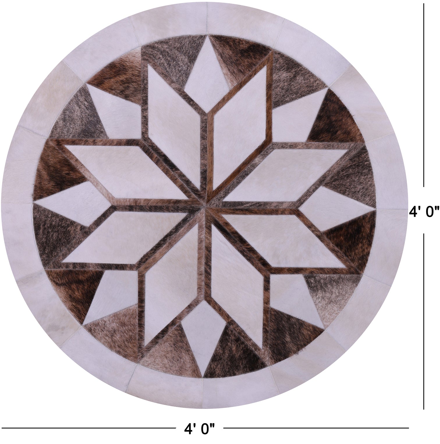 Brown & White Round Star Natural Cowhide Hand Stitched Patchwork Rug - 4' 0" X 4' 0" - Golden Nile