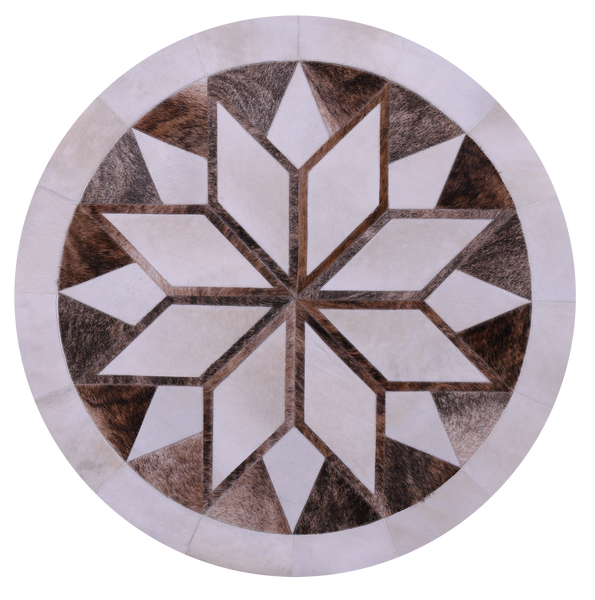 Brown & White Round Star Natural Cowhide Hand Stitched Patchwork Rug - 4' 0" X 4' 0" - Golden Nile