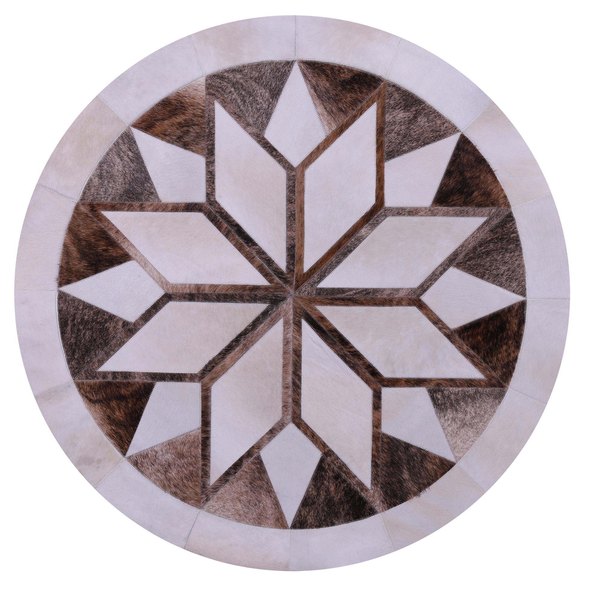Brown & White Round Star Natural Cowhide Hand Stitched Patchwork Rug - 4' 0" X 4' 0" - Golden Nile