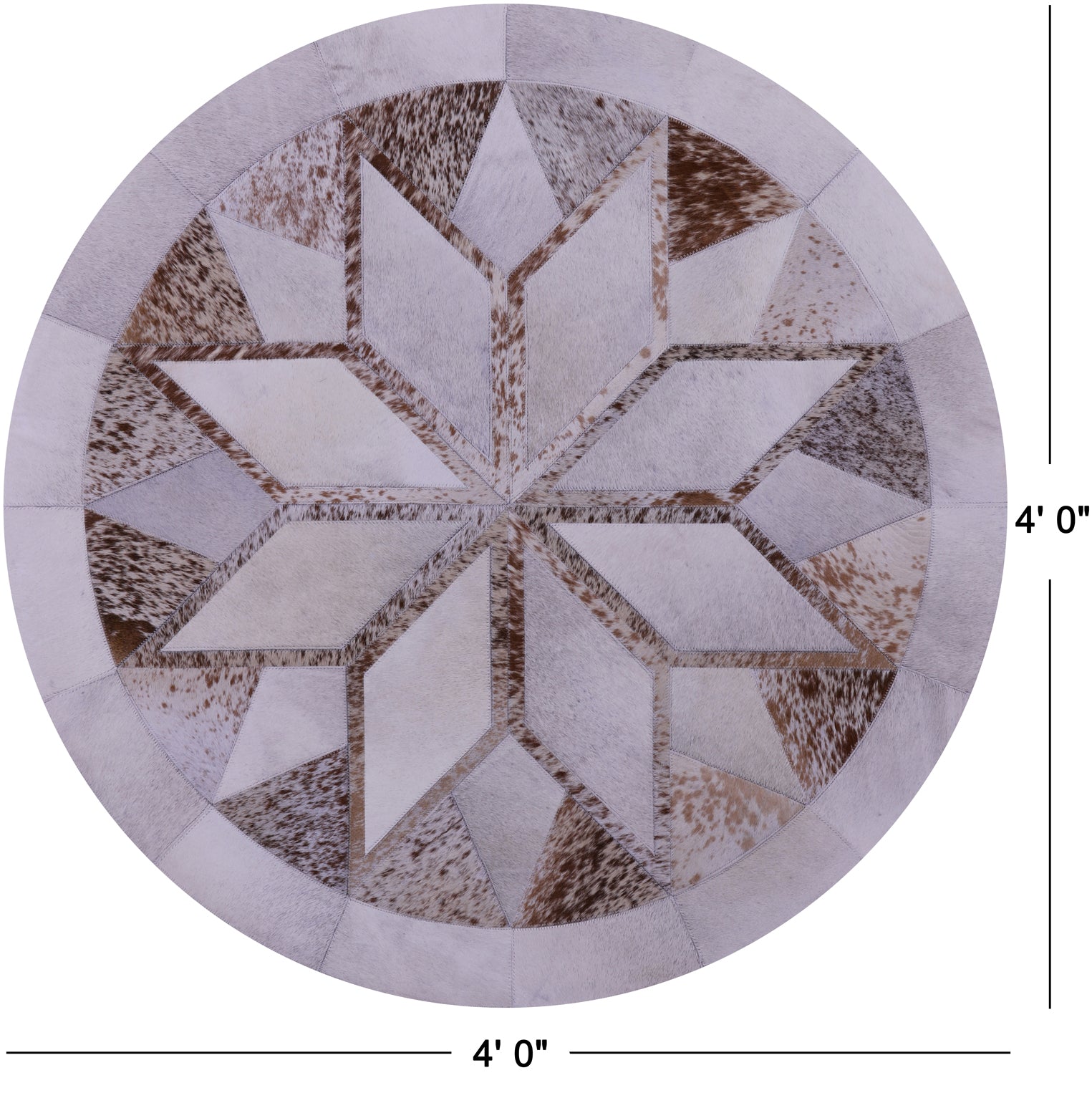 Brown Salt & Pepper Round Star Natural Cowhide Hand Stitched Patchwork Rug - 4' 0" X 4' 0" - Golden Nile