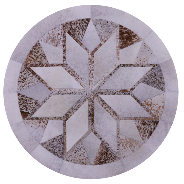 Brown Salt & Pepper Round Star Natural Cowhide Hand Stitched Patchwork Rug - 4' 0" X 4' 0" - Golden Nile