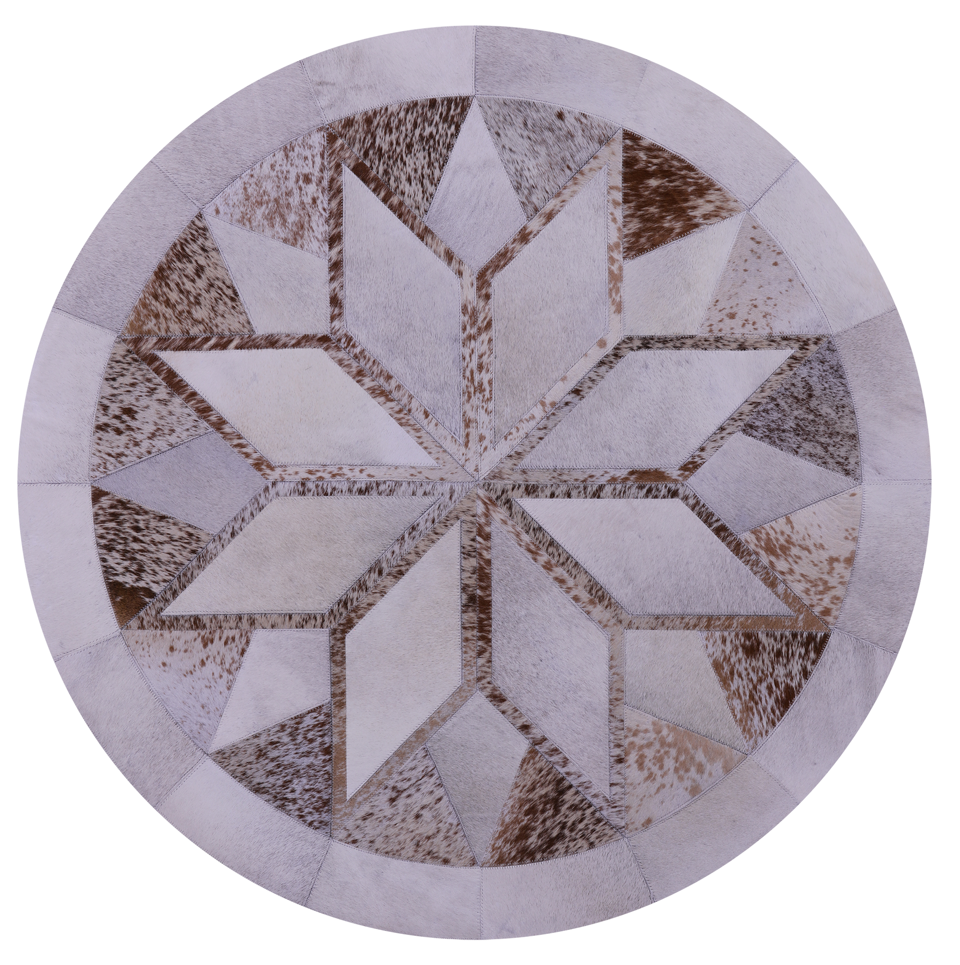 Brown Salt & Pepper Round Star Natural Cowhide Hand Stitched Patchwork Rug - 4' 0" X 4' 0" - Golden Nile