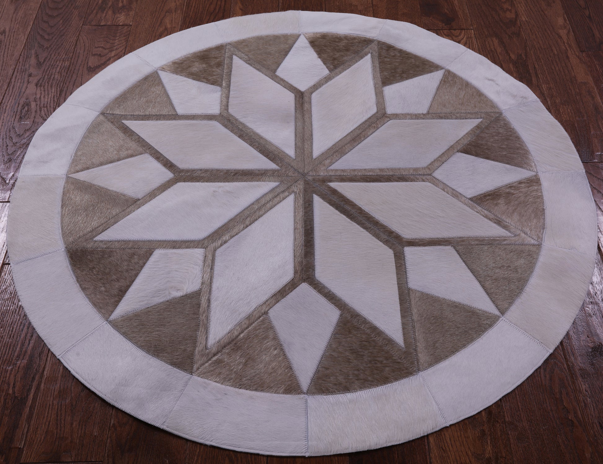 Brown & White Round Star Natural Cowhide Hand Stitched Patchwork Rug - 4' 0" X 4' 0" - Golden Nile