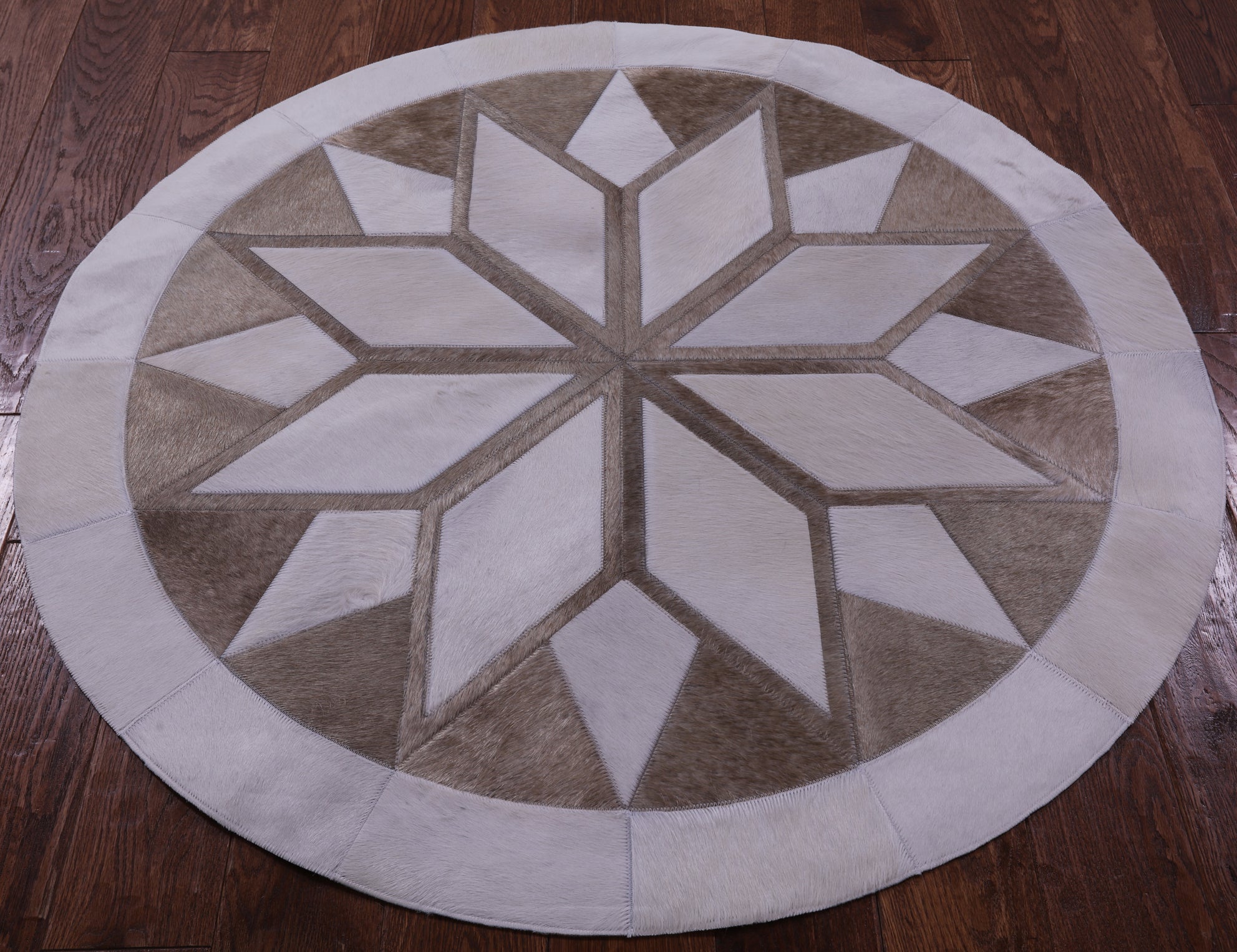 Brown & White Round Star Natural Cowhide Hand Stitched Patchwork Rug - 4' 0" X 4' 0" - Golden Nile